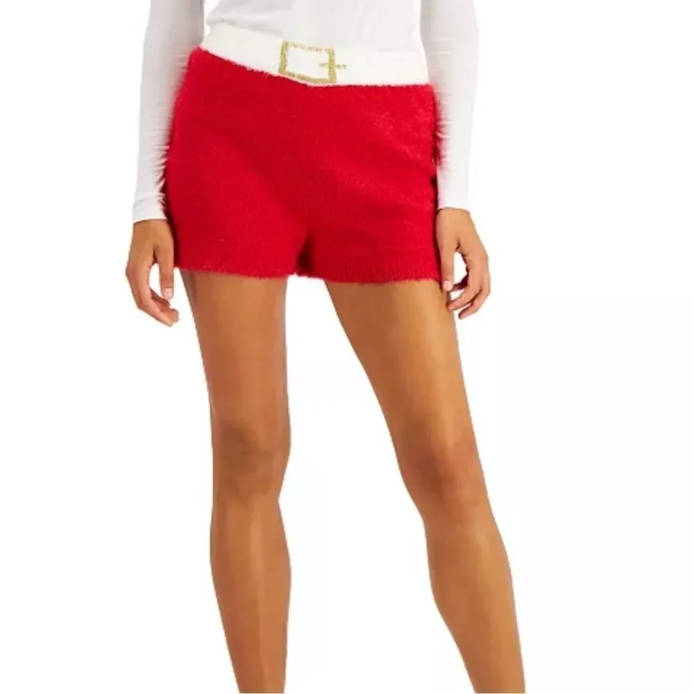 Hooked Up by IOT Juniors Santa Sweater Shorts,Red, size L